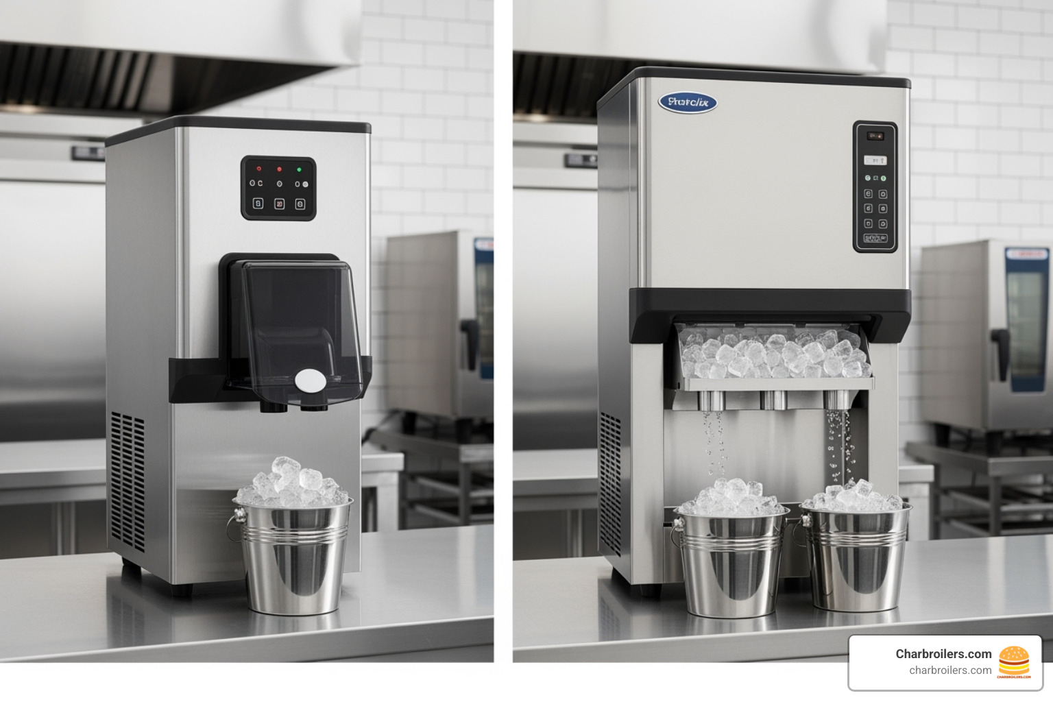 image of a side-by-side comparison of a countertop and a freestanding ice dispenser - commercial ice dispenser image of a side-by-side comparison of a countertop and a freestanding ice dispenser - commercial ice dispenser