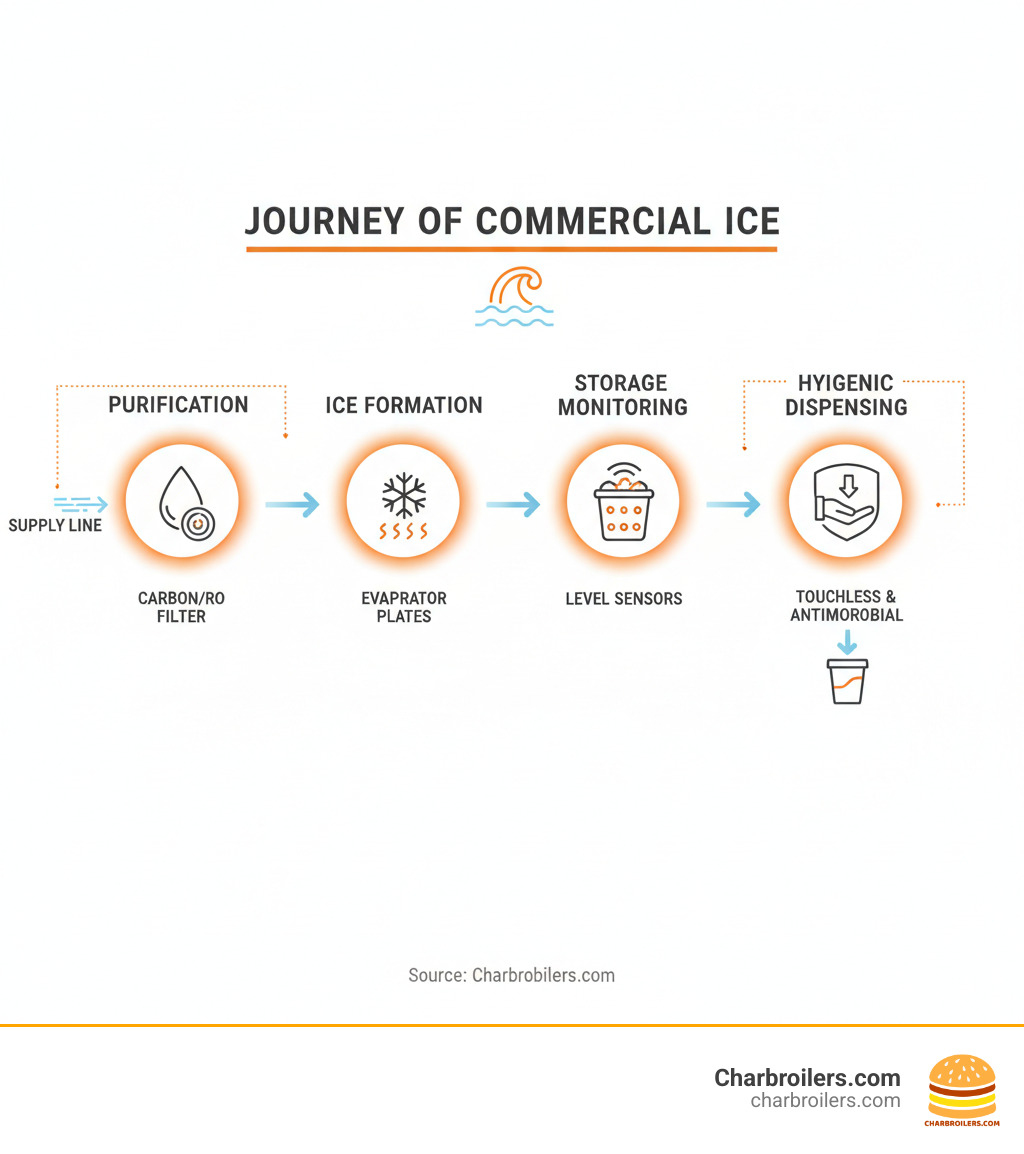 Infographic showing the journey of water from the supply line through filtration (carbon or reverse osmosis stage), freezing mechanism (evaporator plates forming ice), storage bin with level sensors, and final touchless dispensing stage with antimicrobial surfaces, highlighting key stages like purification, ice formation, storage monitoring, and hygienic dispensing - commercial ice dispenser infographic Infographic showing the journey of water from the supply line through filtration (carbon or reverse osmosis stage), freezing mechanism (evaporator plates forming ice), storage bin with level sensors, and final touchless dispensing stage with antimicrobial surfaces, highlighting key stages like purification, ice formation, storage monitoring, and hygienic dispensing - commercial ice dispenser infographic