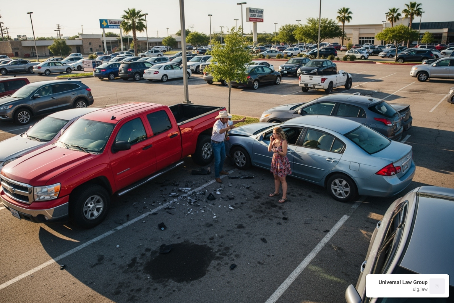 diagram showing right-of-way in a parking lot with thoroughfare and feeder lanes - Parking lot accident Texas