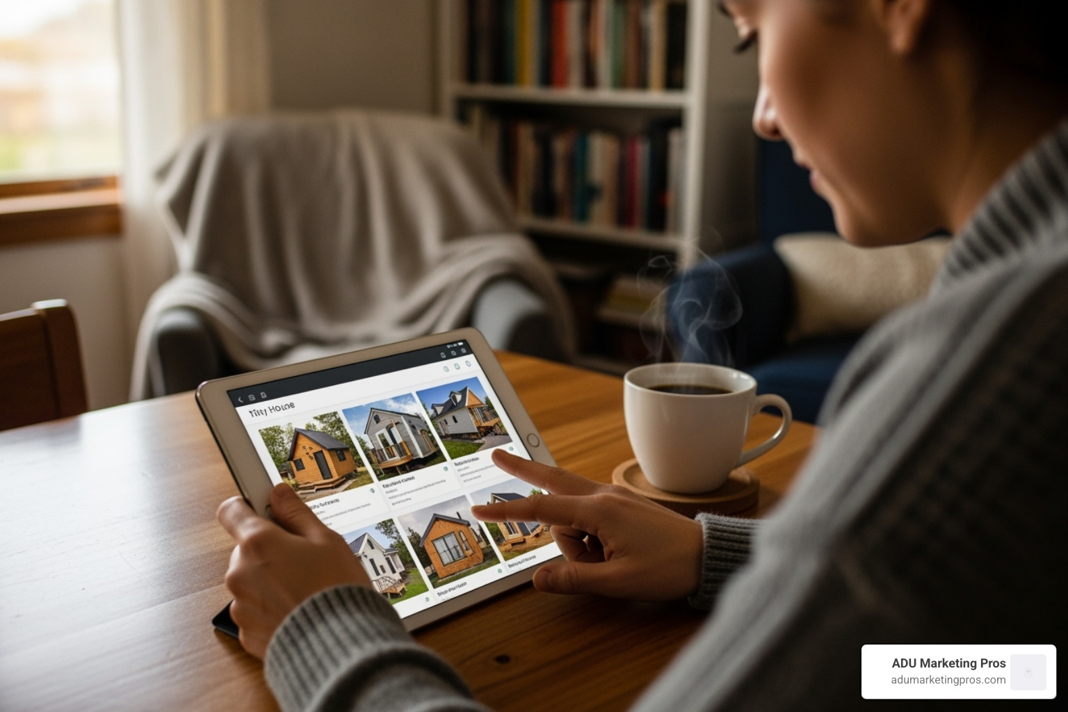 A person comfortably browsing various tiny house listings on a tablet, with a cup of coffee nearby, illustrating the ease of online searching - little houses for sale near me