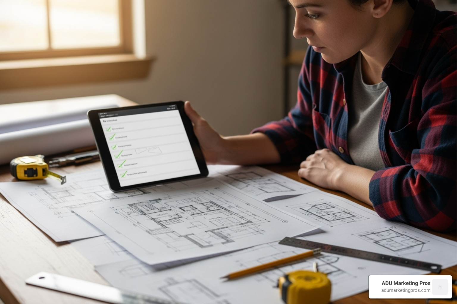 A person looking intently at blueprints for a tiny house, with a checklist on a tablet in their other hand, suggesting careful planning - little houses for sale near me