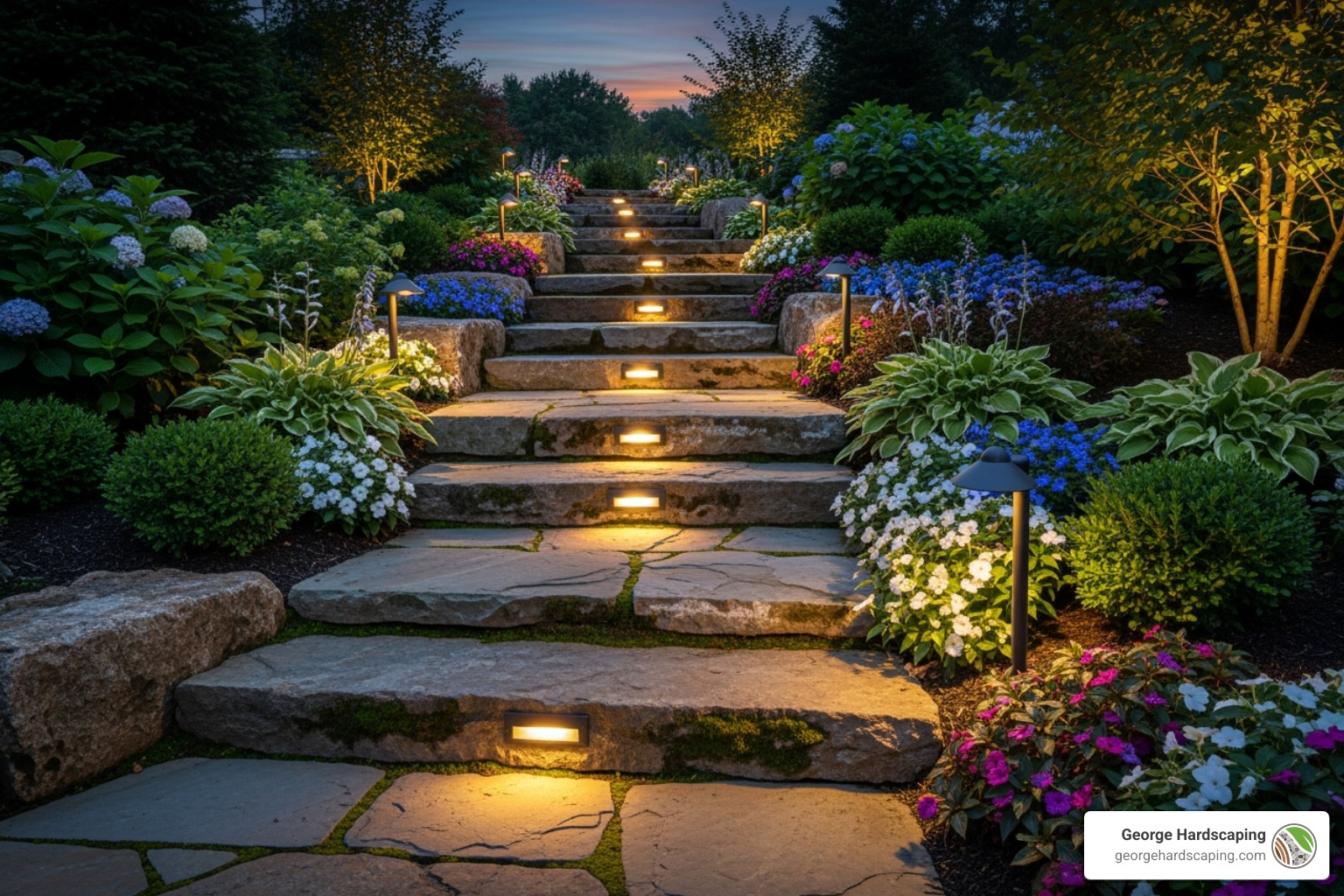 Finished stone steps with landscape lighting and lush plantings - Build stone steps