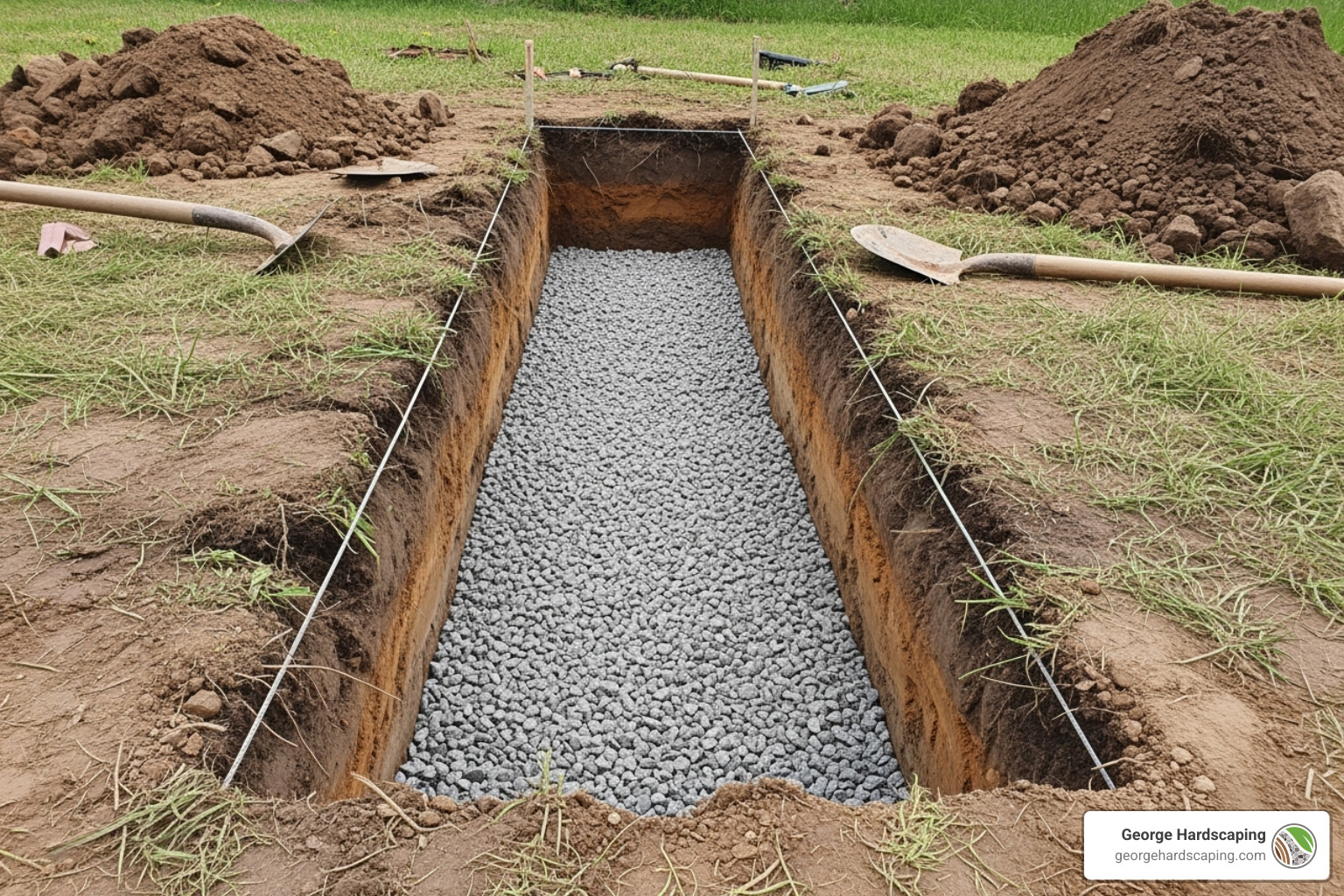 Excavated trench for stone steps with compacted gravel base - Build stone steps
