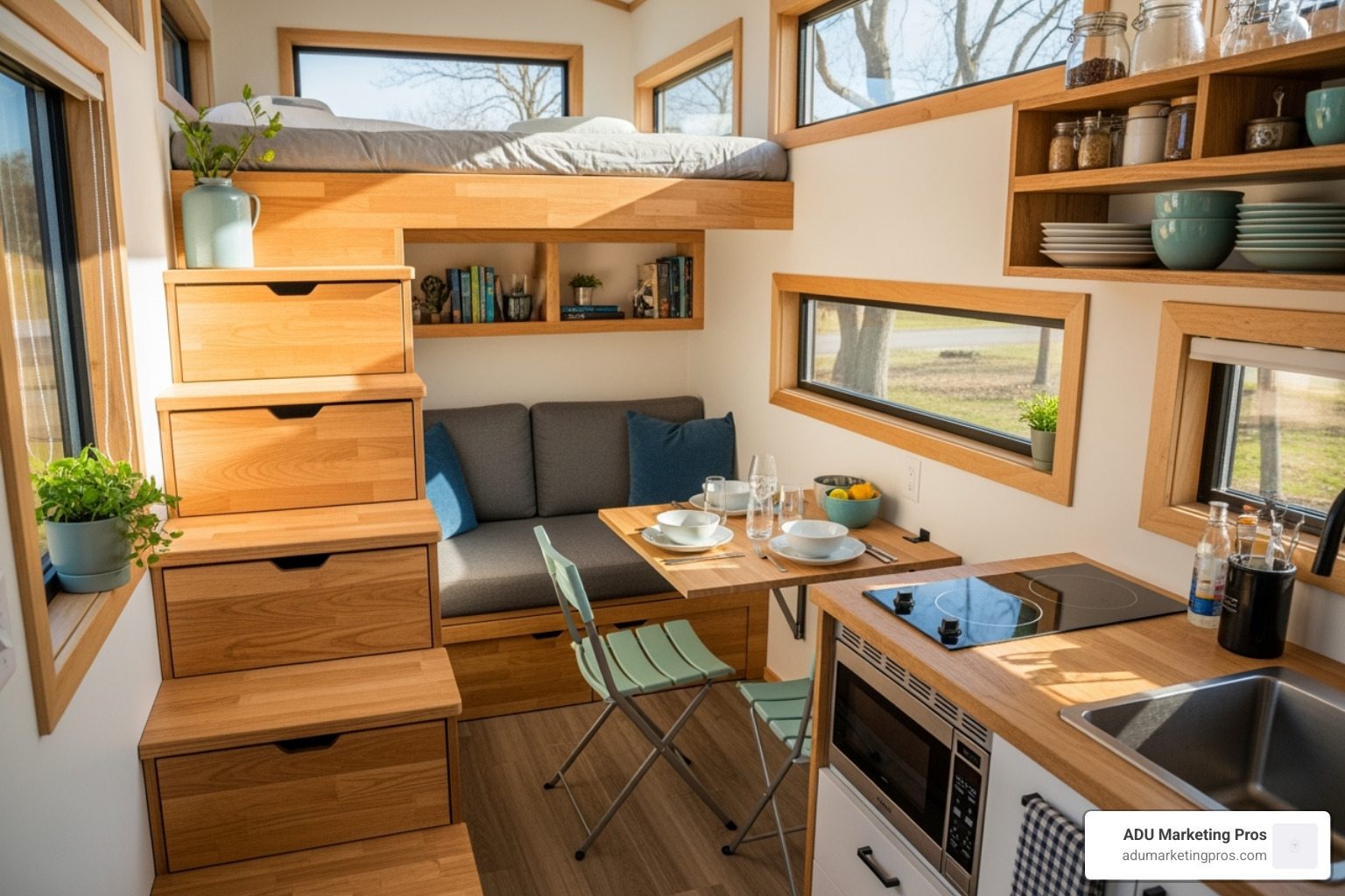 The interior of a tiny home showing multi-functional furniture and clever storage solutions like staircase drawers. - Mountain View tiny homes The interior of a tiny home showing multi-functional furniture and clever storage solutions like staircase drawers. - Mountain View tiny homes