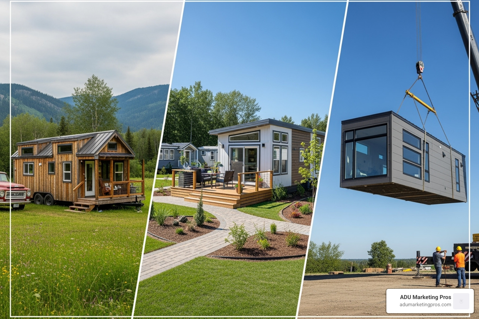 A collage showcasing three different types of tiny homes: a rustic tiny home on wheels, a modern park model in a community, and a sleek modular tiny home being placed by a crane. - Mountain View tiny homes A collage showcasing three different types of tiny homes: a rustic tiny home on wheels, a modern park model in a community, and a sleek modular tiny home being placed by a crane. - Mountain View tiny homes
