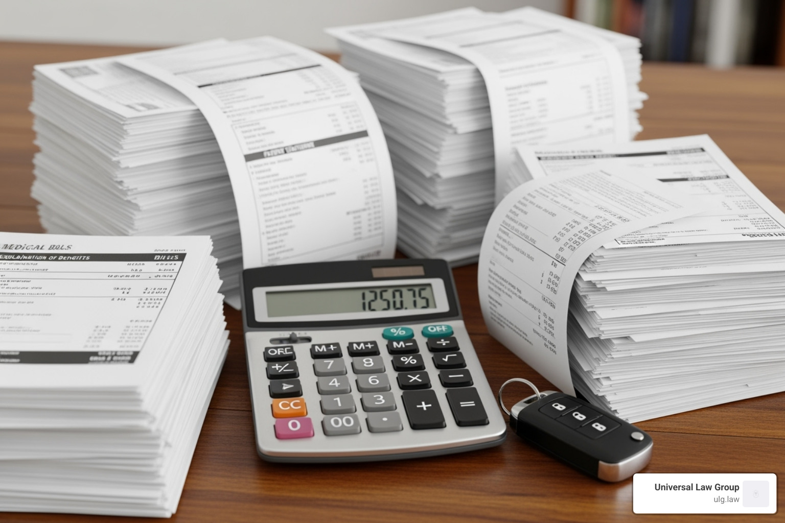 Calculator with stacks of medical bills and a car key - texas car accident liability claim types Calculator with stacks of medical bills and a car key - texas car accident liability claim types