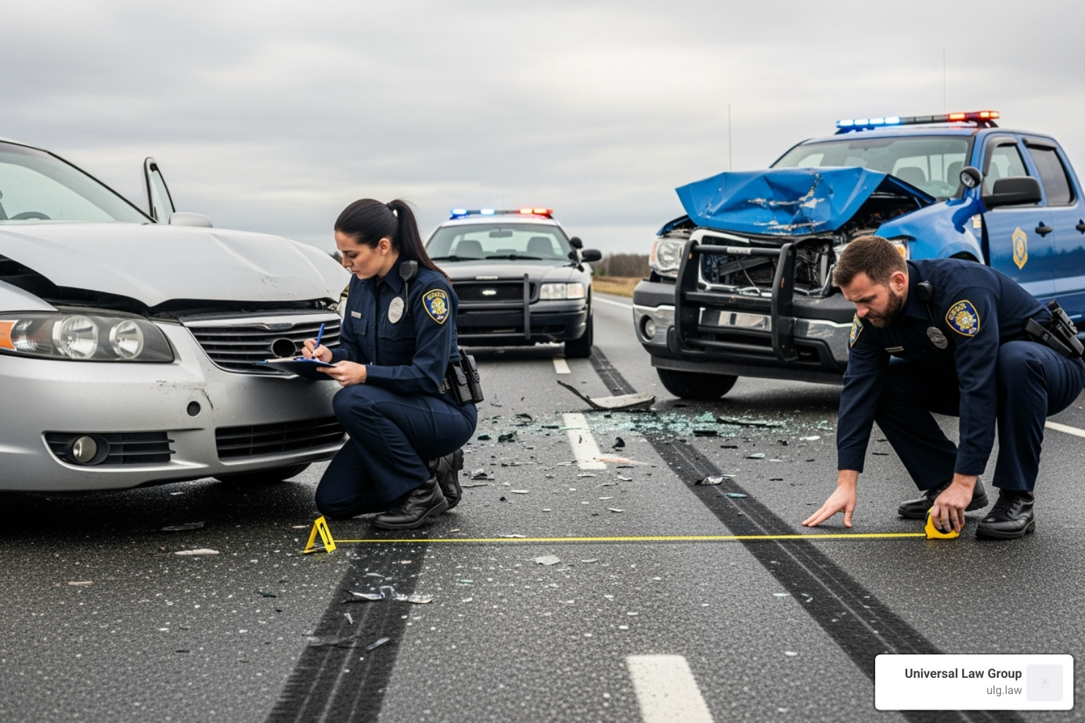 Accident scene with police taking notes and measuring skid marks - texas car accident liability claim types Accident scene with police taking notes and measuring skid marks - texas car accident liability claim types