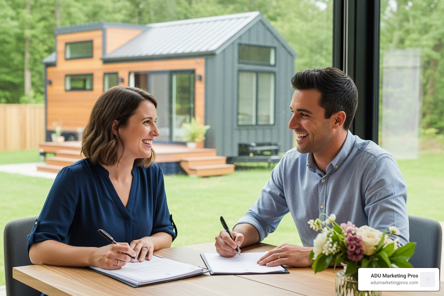 A couple happily signing papers for their new tiny home, with a modern tiny house visible in the background. - tiny home sales
