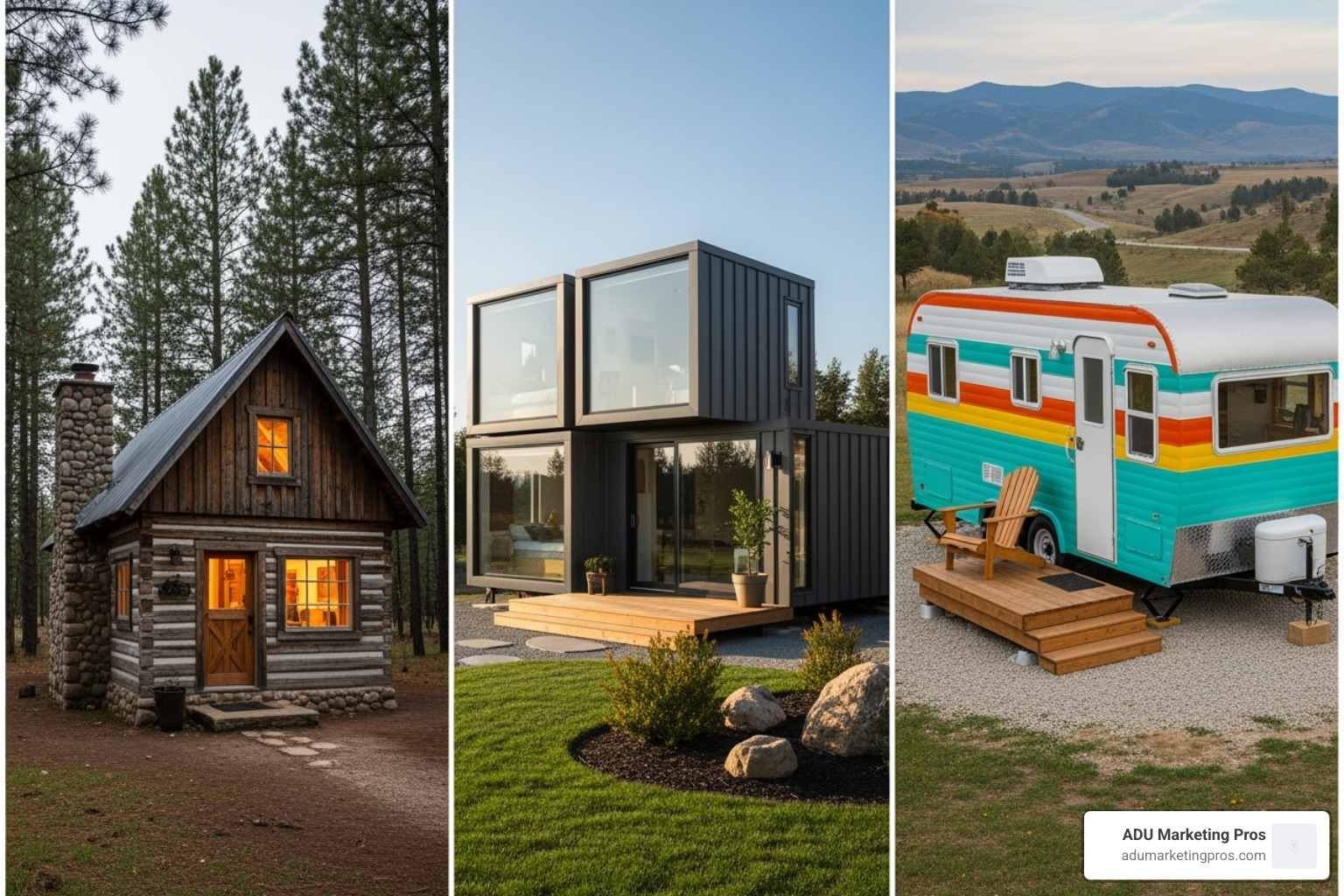 A diverse array of tiny homes: a rustic cabin, a modern modular unit, and a colorful home on wheels. - tiny home sales