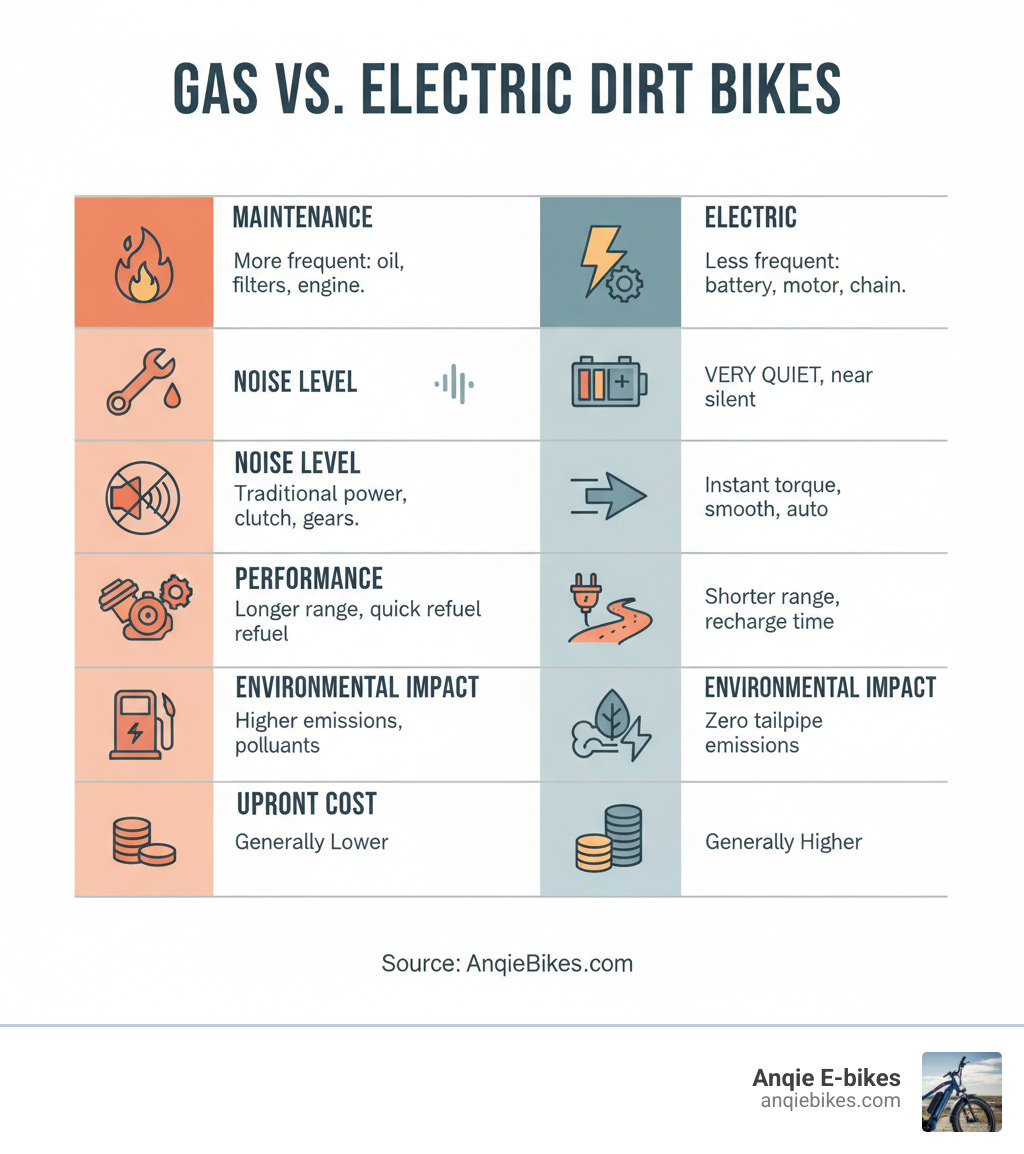 table comparing gas vs. electric dirt bikes on maintenance, noise level, performance characteristics, riding range, environmental impact, and upfront cost - dirt bikes infographic table comparing gas vs. electric dirt bikes on maintenance, noise level, performance characteristics, riding range, environmental impact, and upfront cost - dirt bikes infographic