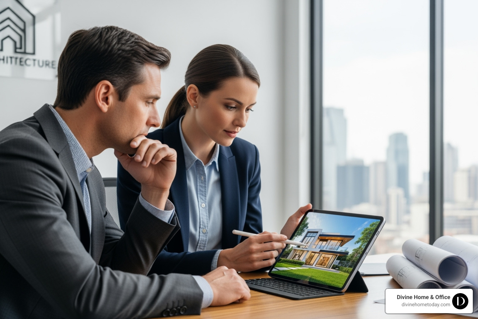 a designer reviewing modern luxury house plans with a client - modern luxury house plans