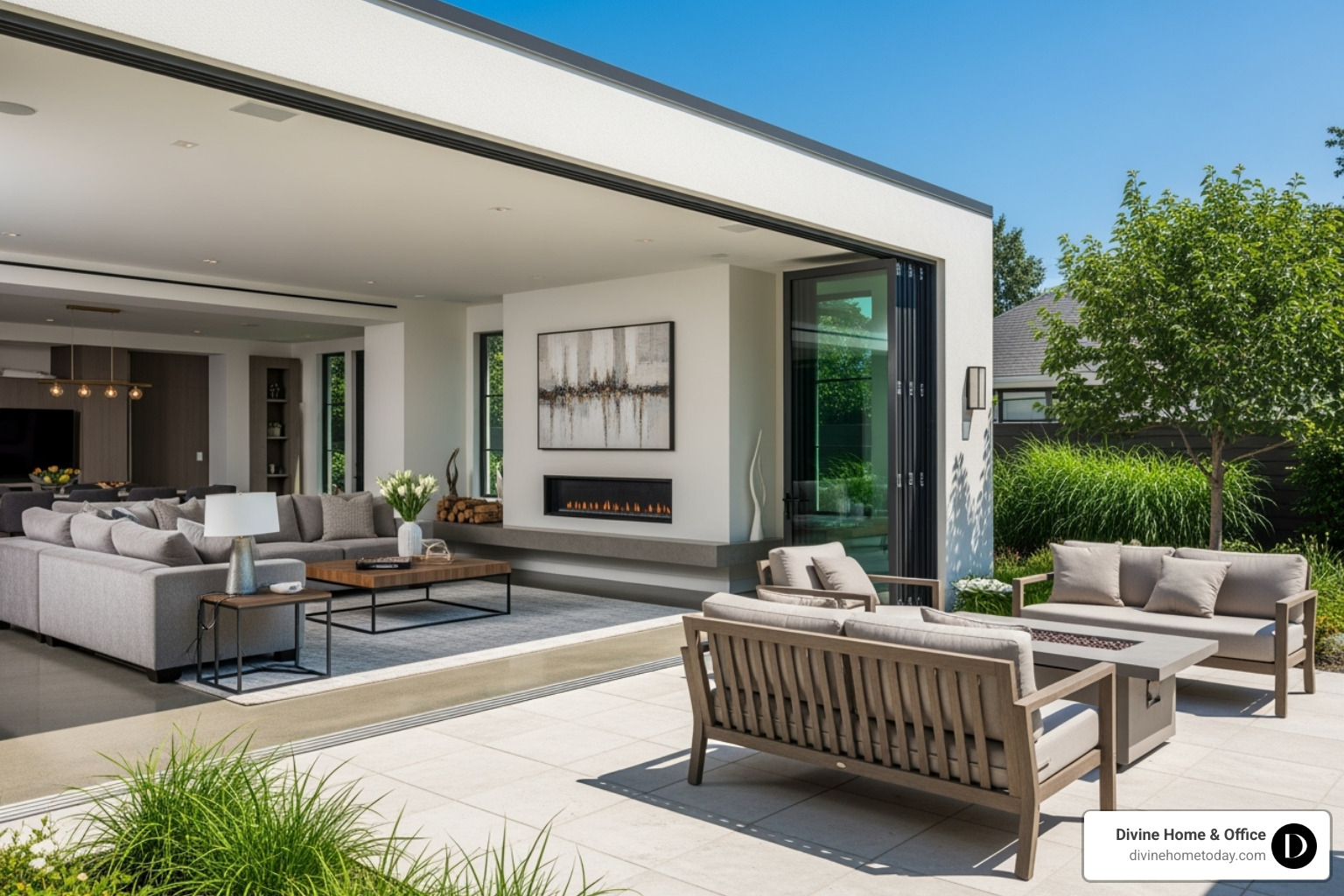 a living room with a fully retracted glass wall opening to a patio - modern luxury house plans