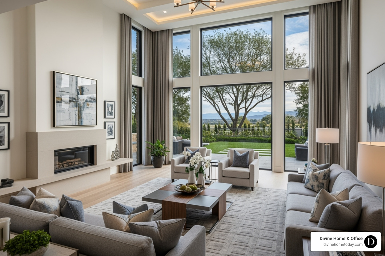 a spacious, light-filled great room with high ceilings - modern luxury house plans