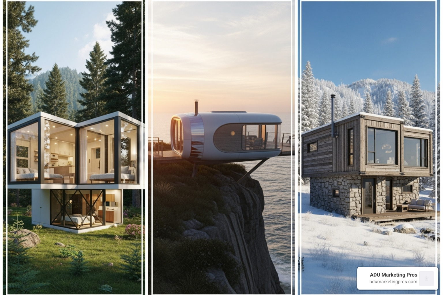 collage of pod house styles - pod houses for sale