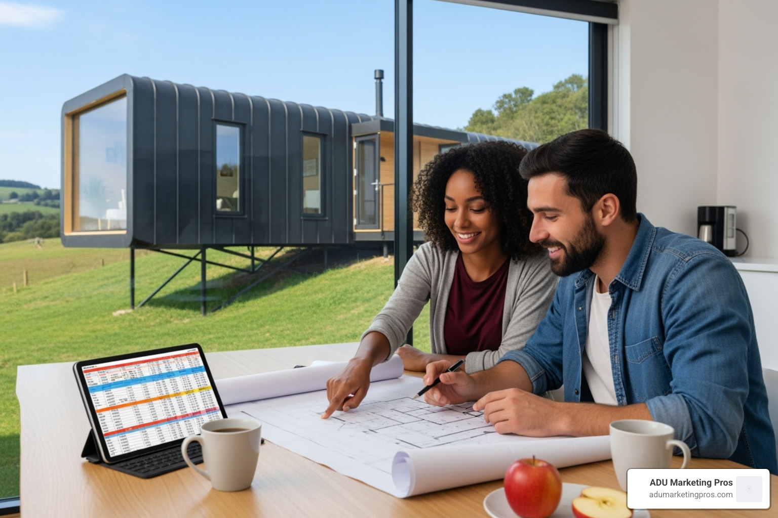 couple reviewing blueprints and budget sheet for their new pod house project - pod houses for sale