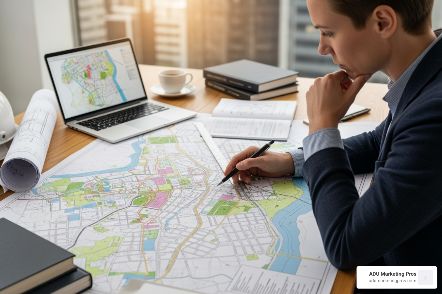 A person looking at a city planning map or blueprint, representing the process of checking regulations for tiny homes. - Mountain View tiny homes A person looking at a city planning map or blueprint, representing the process of checking regulations for tiny homes. - Mountain View tiny homes