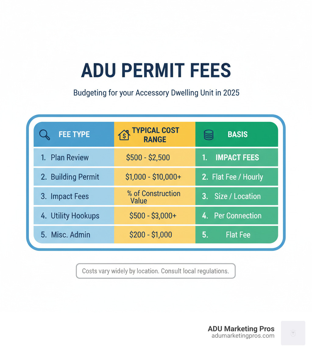 TABLE outlining potential ADU permit fees, including columns for Fee Type (e.g., Plan Review, Building Permit, Impact Fees), Typical Cost Range, and Basis (e.g., Flat Fee, % of Construction Value). - ADU permit application infographic 