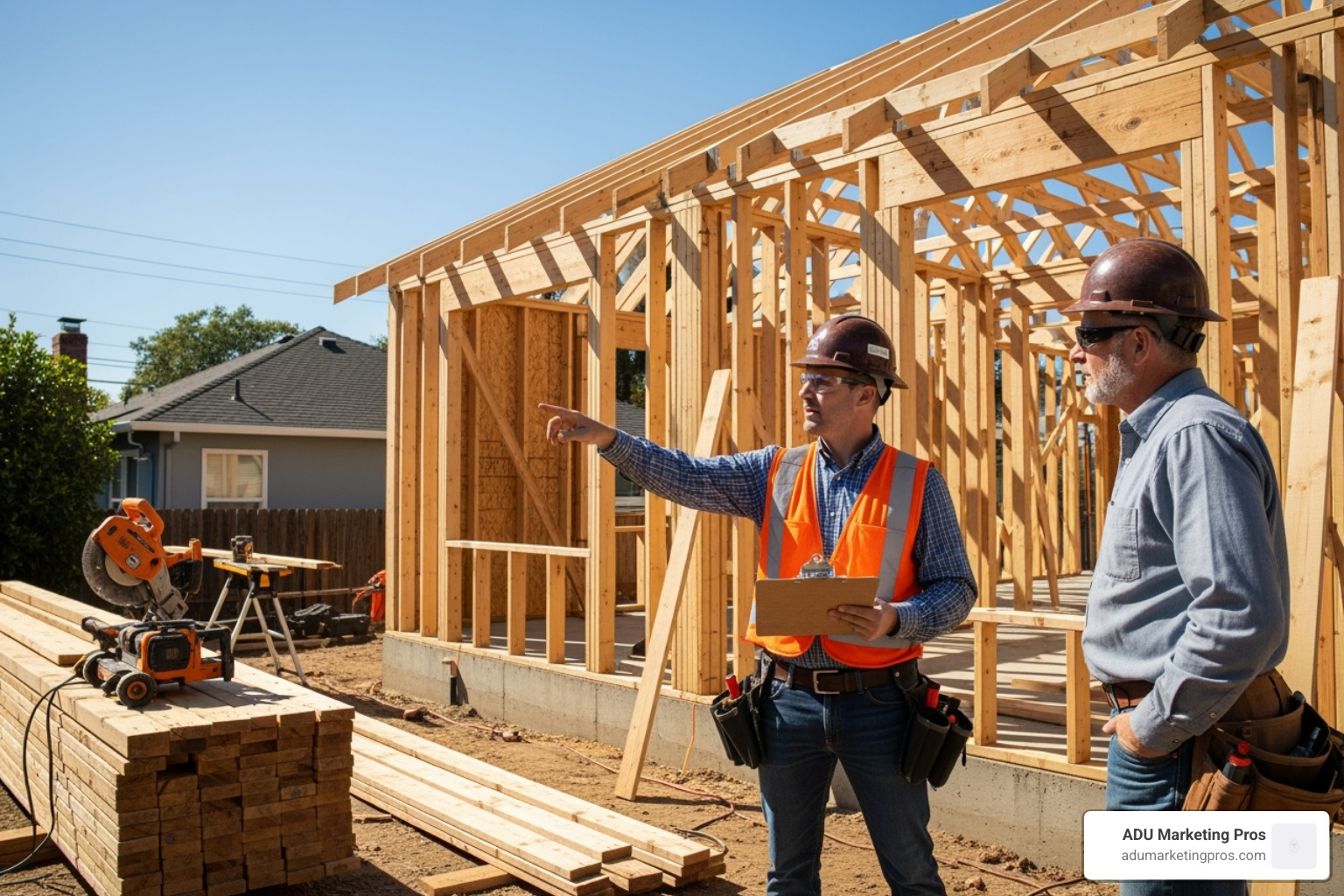 Building inspector on-site with a clipboard, reviewing the framing of a new ADU with a contractor. - ADU permit application