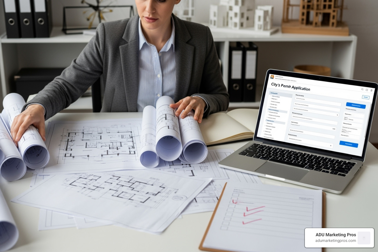Person at a desk organizing architectural plans, a laptop open to a city's online permit portal, and a checklist. - ADU permit application