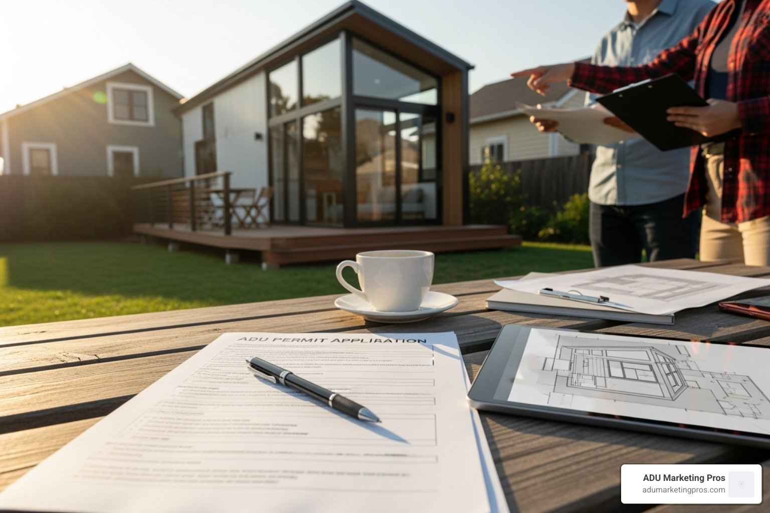 Diagram illustrating different types of ADUs: a detached backyard cottage, an attached in-law suite, a garage conversion, and a junior ADU (JADU) within a primary home. - ADU permit application