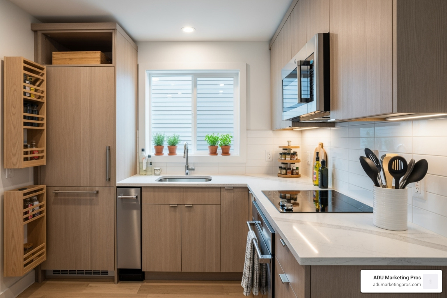 interior of a stylish and compact ADU kitchen, showcasing smart space-saving design - adu rentals