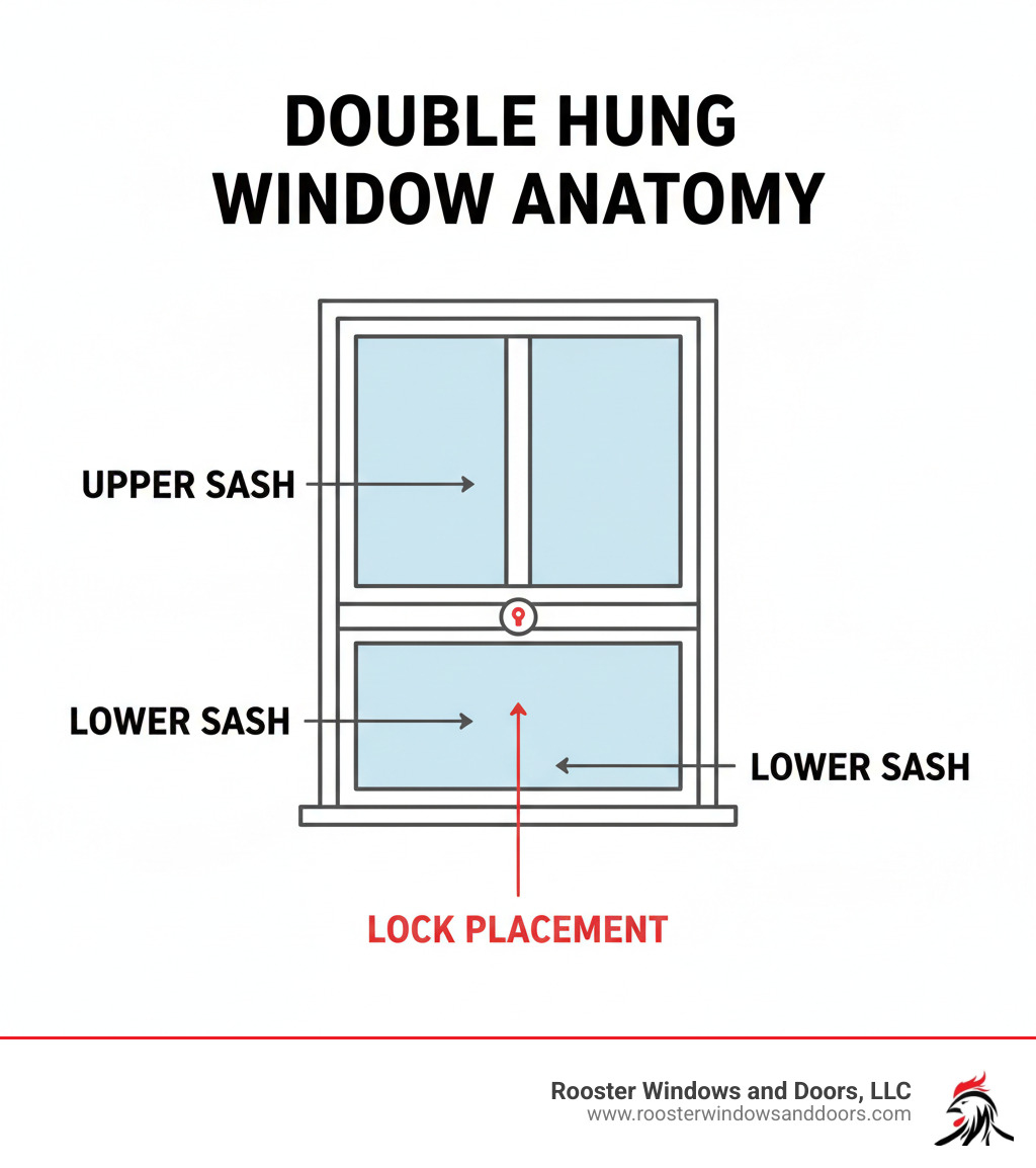 Infographic showing the anatomy of a double hung window with labeled parts: upper sash, lower sash, meeting rail, and lock placement. - double hung window locks infographic 