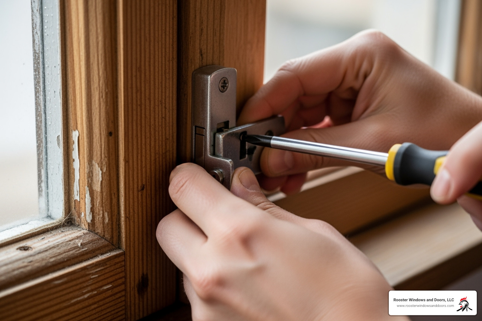 A person's hands carefully installing a new sash lock on a window - double hung window locks