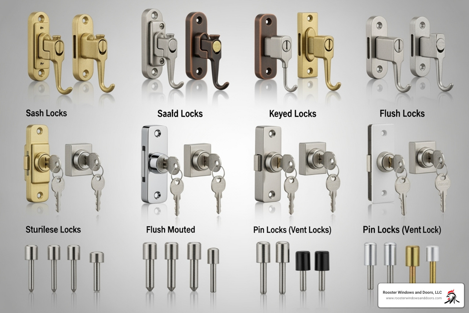 A collage showcasing various lock types such as sash, keyed, and pin locks - double hung window locks