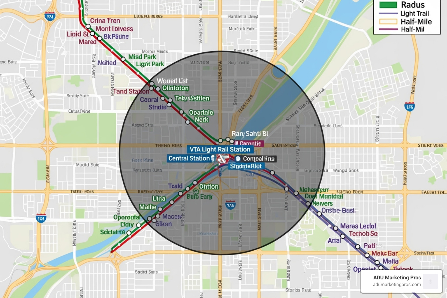 map showing a half-mile radius around a San Jose VTA Light Rail station - San Jose ADU parking