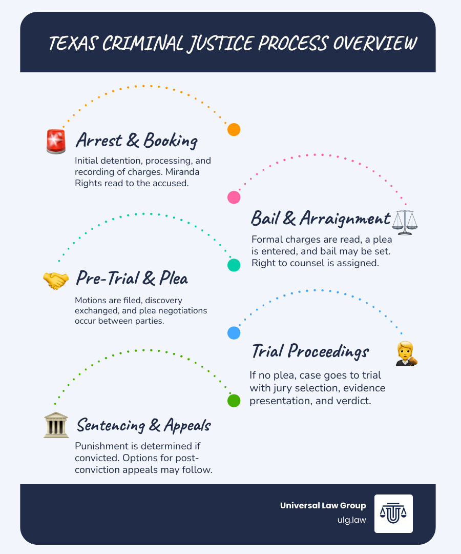 Infographic showing the Texas criminal justice process from arrest through booking, arraignment, pre-trial proceedings, plea negotiations or trial, sentencing, and potential appeals, with key rights highlighted at each stage including Miranda rights at arrest, right to counsel at arraignment, and right to jury trial - Criminal Law Texas infographic infographic-line-5-steps-blues-accent_colors Infographic showing the Texas criminal justice process from arrest through booking, arraignment, pre-trial proceedings, plea negotiations or trial, sentencing, and potential appeals, with key rights highlighted at each stage including Miranda rights at arrest, right to counsel at arraignment, and right to jury trial - Criminal Law Texas infographic infographic-line-5-steps-blues-accent_colors