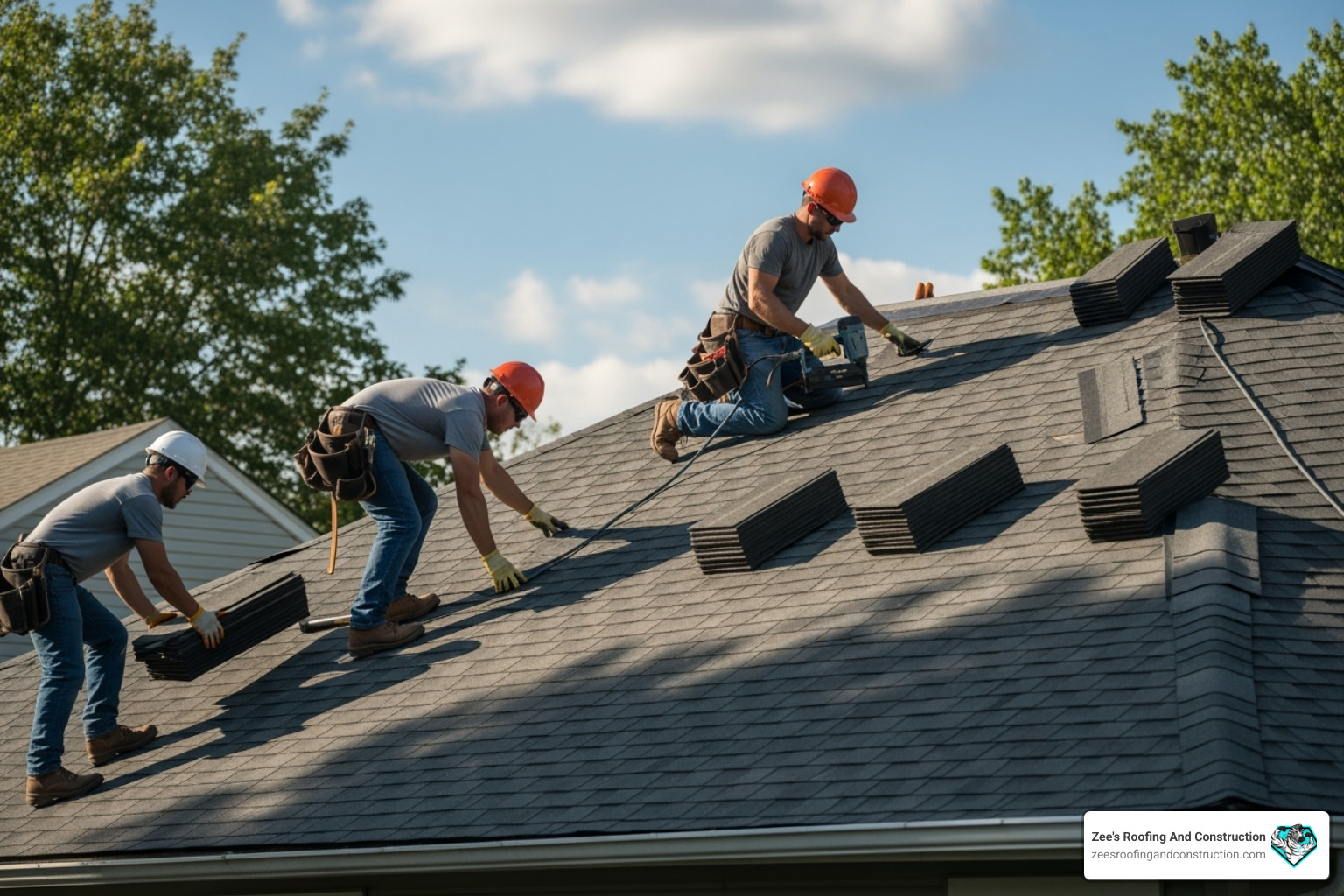 A roofing team carefully installing new tiles on a roof deck, ensuring proper alignment and fastening - orlando roof tile replacement