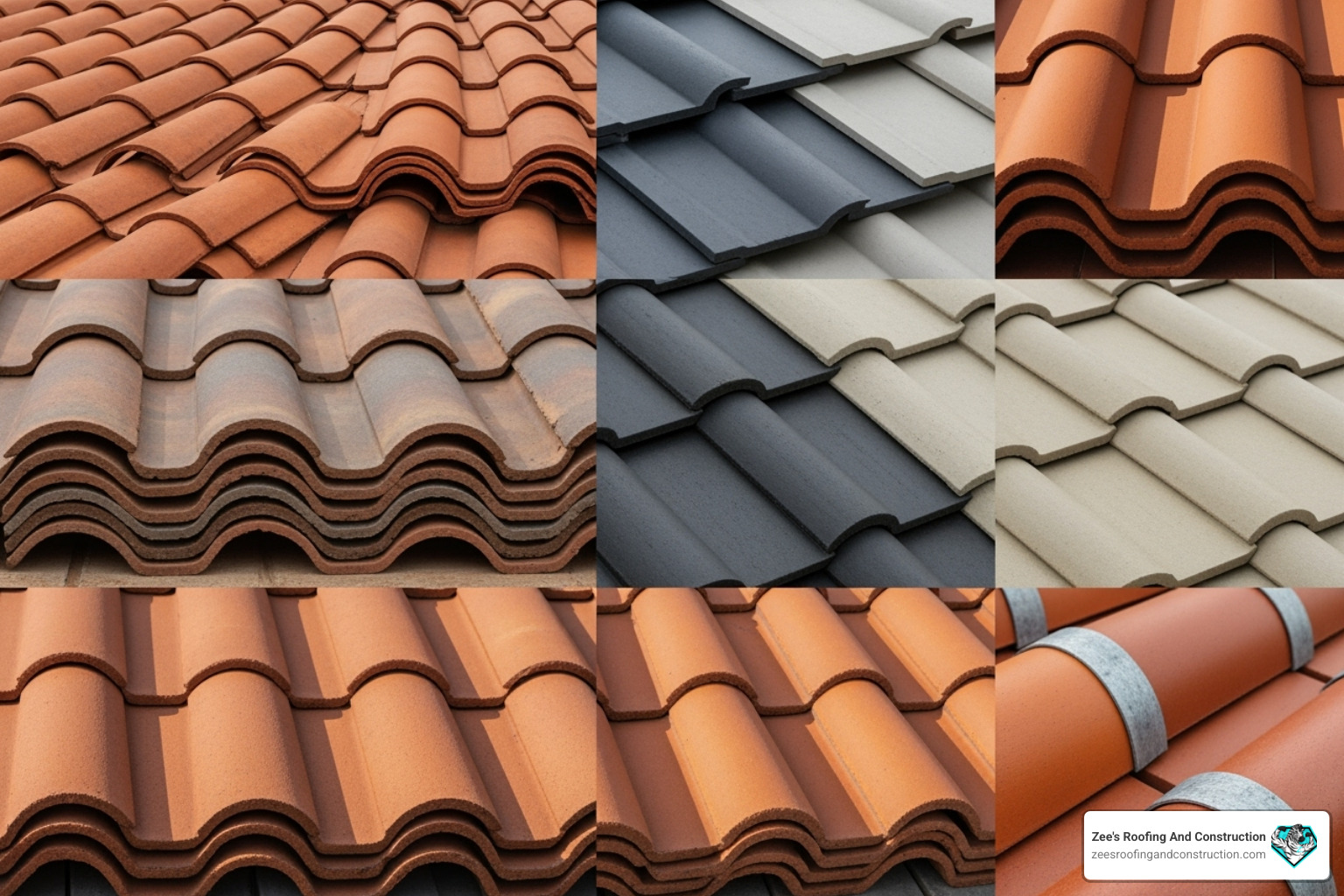 Image of various tile styles and colors including Spanish S, flat, and barrel profiles in clay and concrete materials - orlando roof tile replacement
