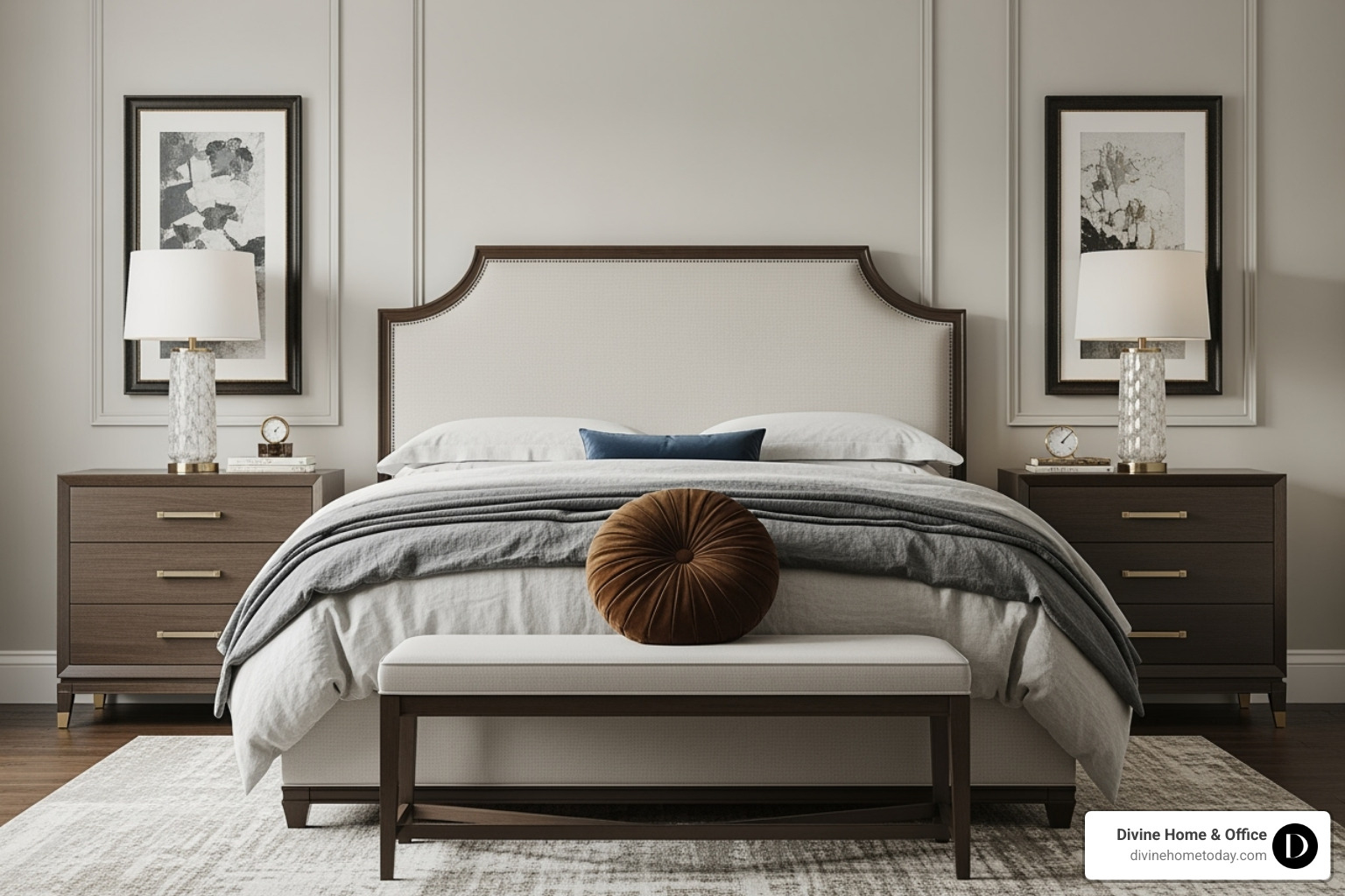 Transitional bedroom showcasing a mix of furniture styles and rich textures - Transitional bedroom design