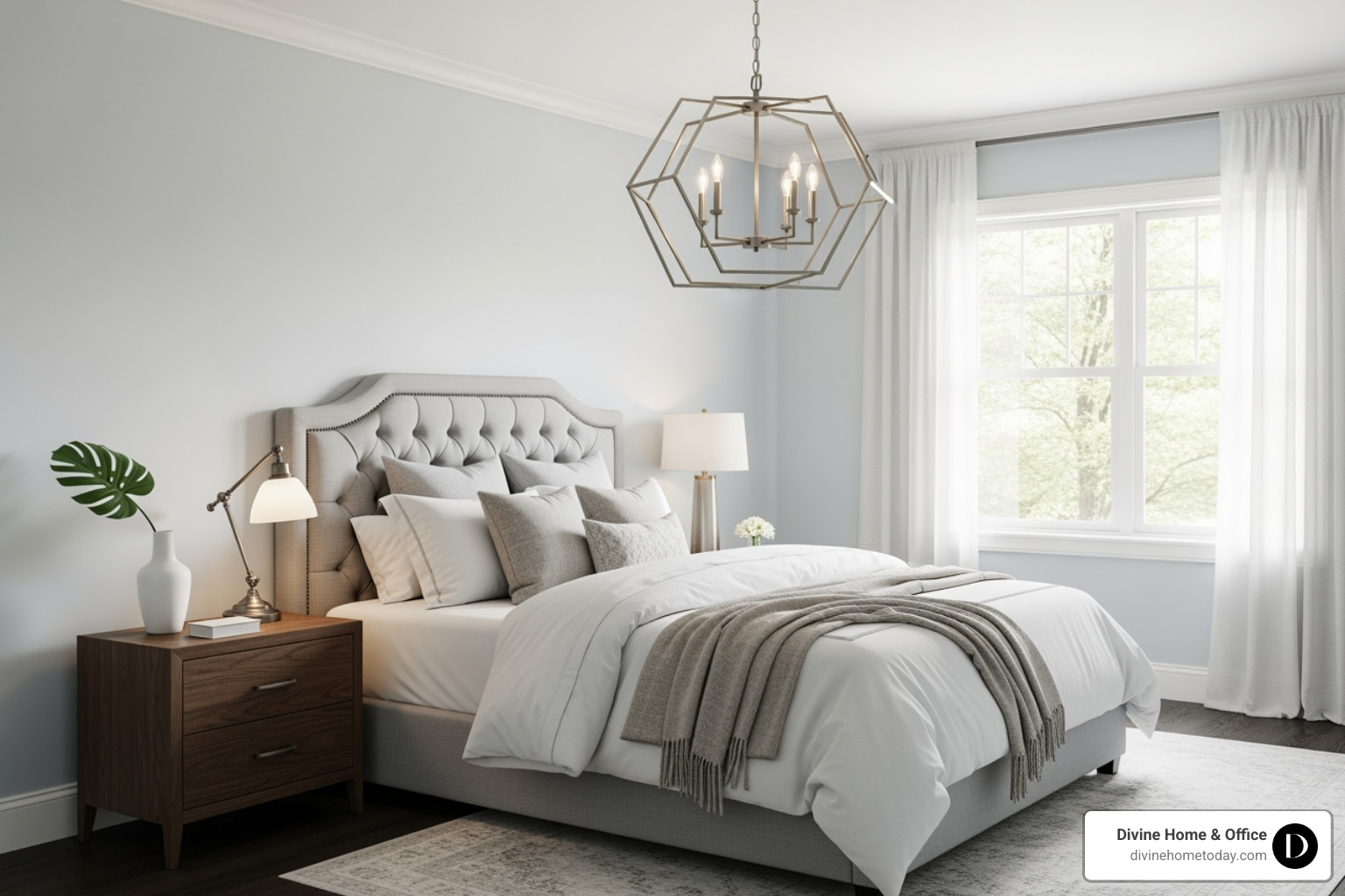 Transitional bedroom with a statement modern chandelier and minimal, curated accessories on a nightstand - Transitional bedroom design