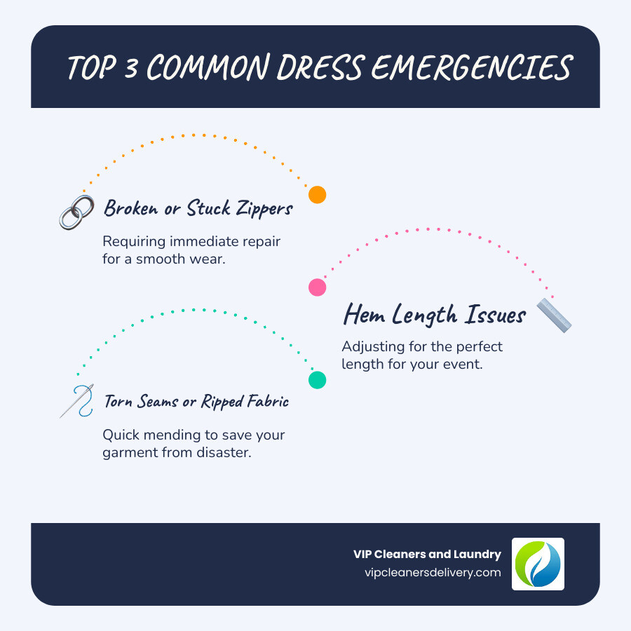 Infographic showing the top 3 common dress emergencies: 1. Broken or stuck zippers requiring immediate repair, 2. Hem length issues that are too long or too short for the event, 3. Torn seams or ripped fabric needing quick mending. Text overlay: "Don't Panic! Most emergency alterations can be completed in 24-48 hours." - emergency dress alterations infographic infographic-line-3-steps-blues-accent_colors Infographic showing the top 3 common dress emergencies: 1. Broken or stuck zippers requiring immediate repair, 2. Hem length issues that are too long or too short for the event, 3. Torn seams or ripped fabric needing quick mending. Text overlay: "Don't Panic! Most emergency alterations can be completed in 24-48 hours." - emergency dress alterations infographic infographic-line-3-steps-blues-accent_colors