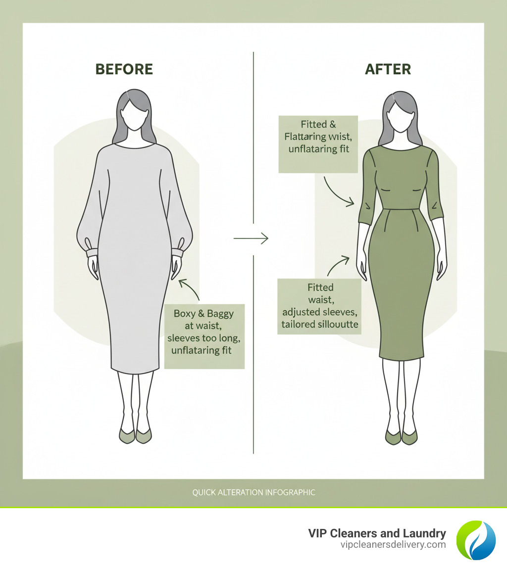 infographic showing before and after of a dress alteration with labels "Before: Boxy & Baggy at waist, sleeves too long, unflattering fit" and "After: Fitted & Flattering with cinched waist, adjusted sleeves, tailored silhouette" - how to do a quick alteration infographic  infographic showing before and after of a dress alteration with labels "Before: Boxy & Baggy at waist, sleeves too long, unflattering fit" and "After: Fitted & Flattering with cinched waist, adjusted sleeves, tailored silhouette" - how to do a quick alteration infographic