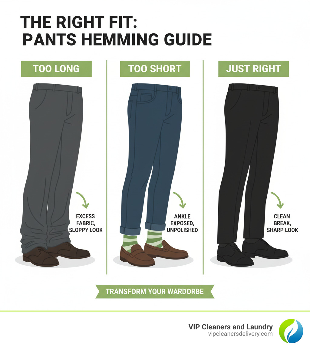 Infographic showing the visual difference between pants that are too long (pooling at ankles with excess fabric), too short (showing too much sock and ankle), and just right (breaking cleanly at the shoe with proper drape) - pants hemming near me infographic 