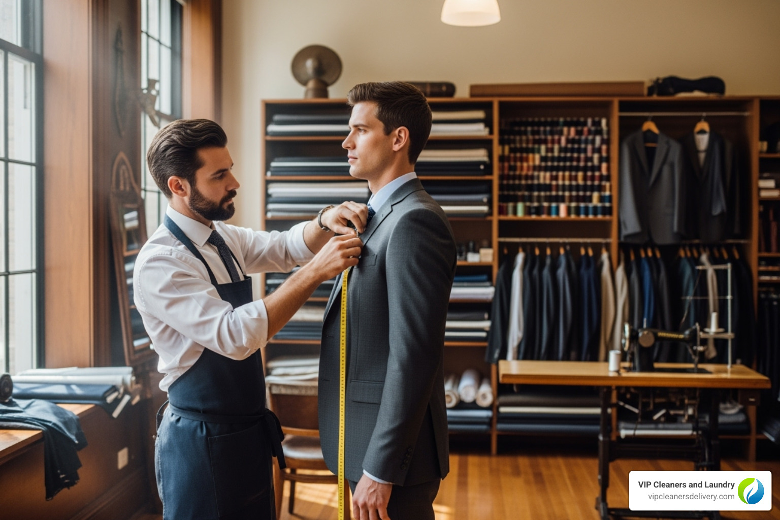 professional tailor measuring a suit jacket on a customer - how to do a quick alteration professional tailor measuring a suit jacket on a customer - how to do a quick alteration
