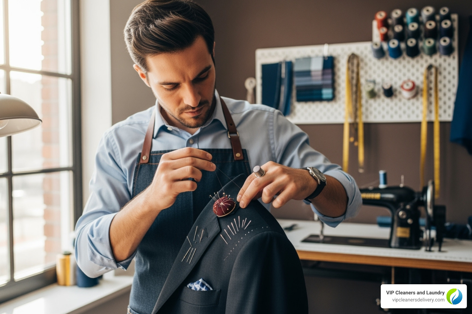 of a tailor working on the shoulder of a suit jacket - how much does tailoring a suit cost