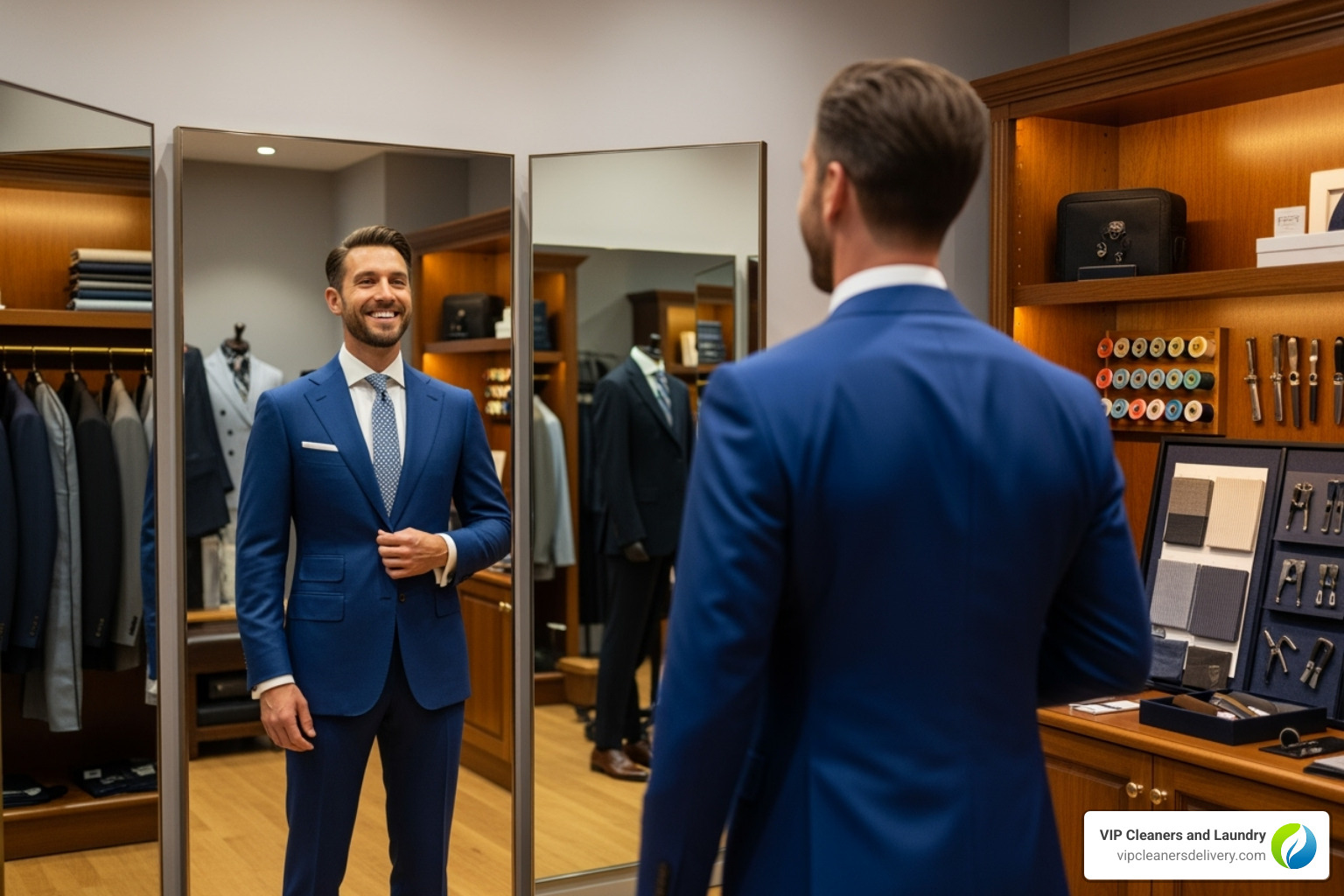 of a client looking in a three-way mirror, happy with their custom suit - how much does tailoring a suit cost