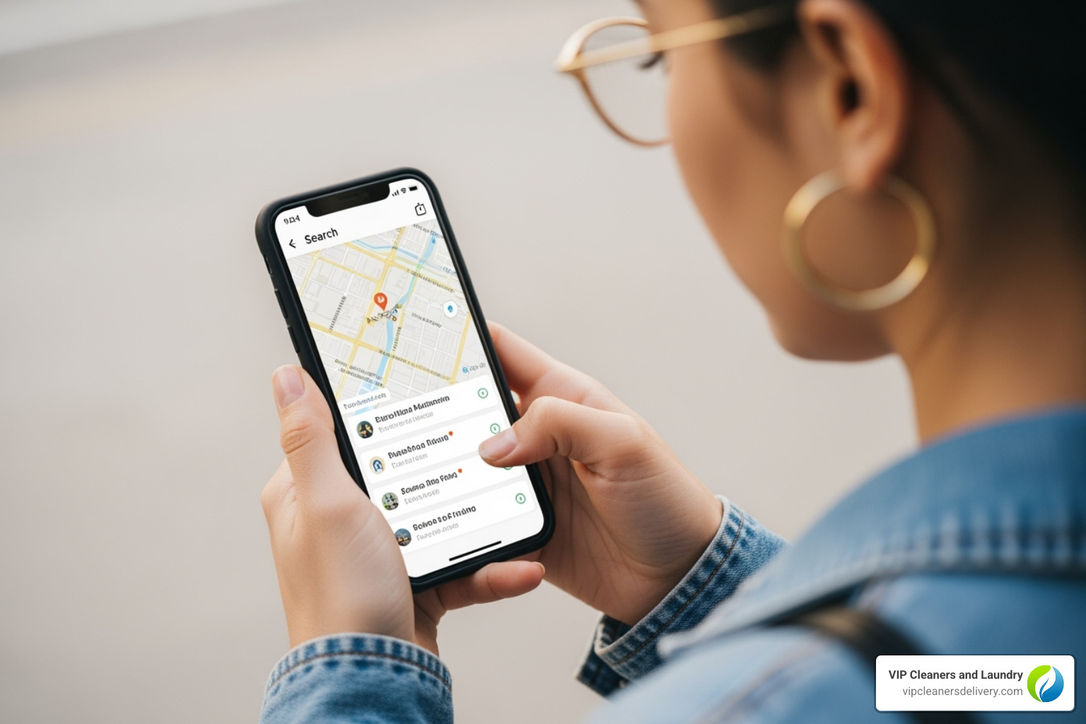 person searching on their phone for local services - pants hemming near me
