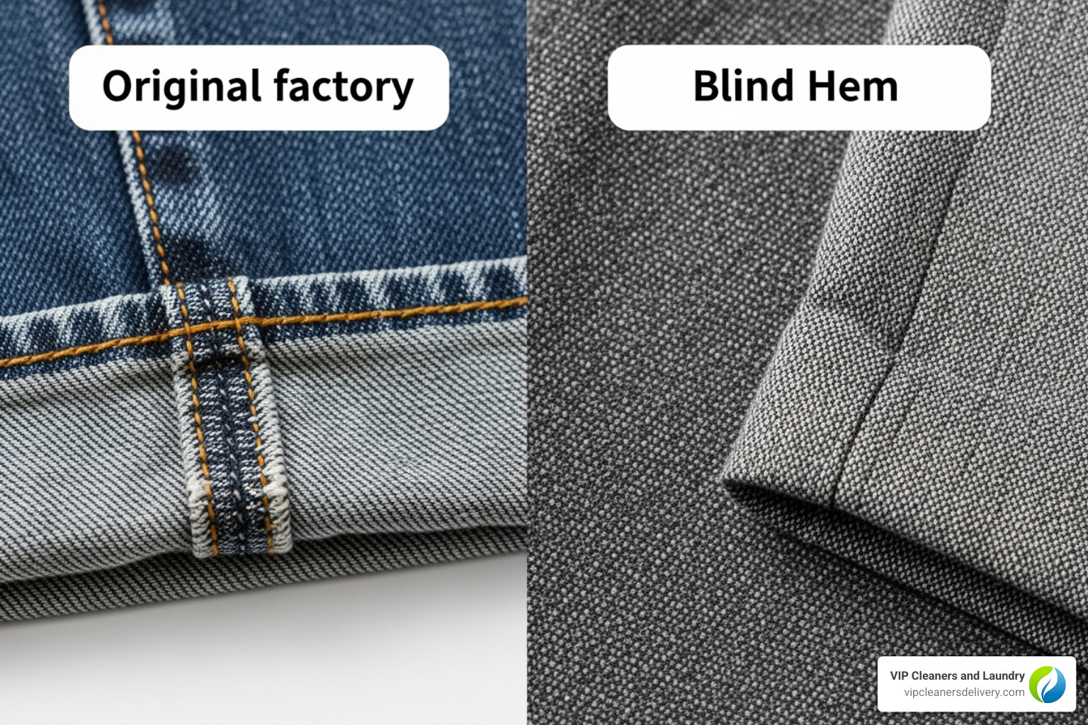 close-ups of different hem styles on various fabrics - pants hemming near me