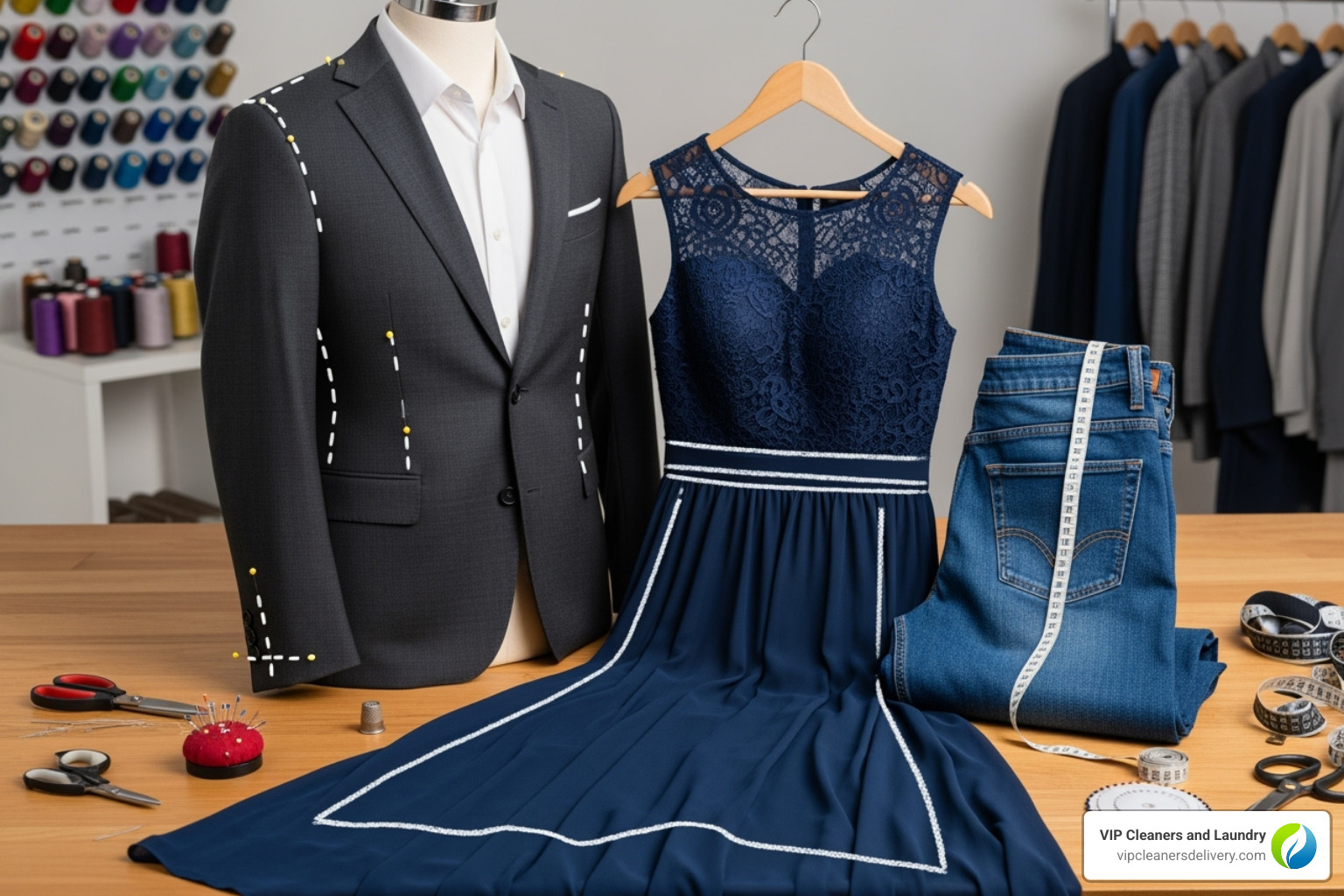 Various garments including a suit, a dress, and jeans, highlighting different alteration possibilities - urgent tailoring near me