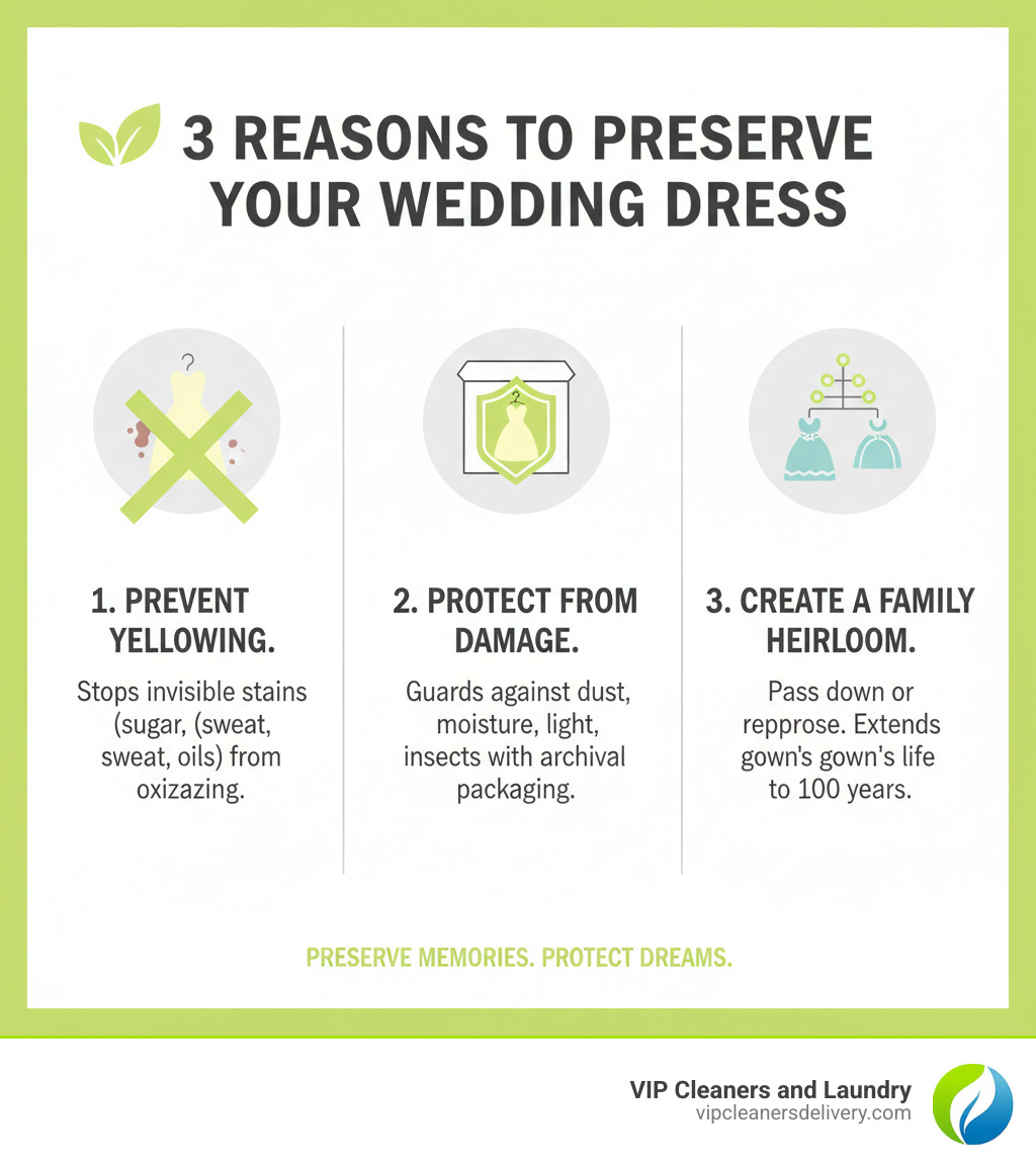 Infographic showing the top three reasons to preserve a wedding dress: 1) Preventing yellowing from invisible stains like sugar, sweat, and oils that oxidize over time, 2) Protecting from environmental damage including dust, moisture, light radiation, and insects through acid-free archival packaging, and 3) Creating a family heirloom that can be passed down to future generations or repurposed into christening gowns, veils, or other keepsakes, with professional preservation extending the gown's life for up to 100 years - average cost to preserve wedding dress infographic 