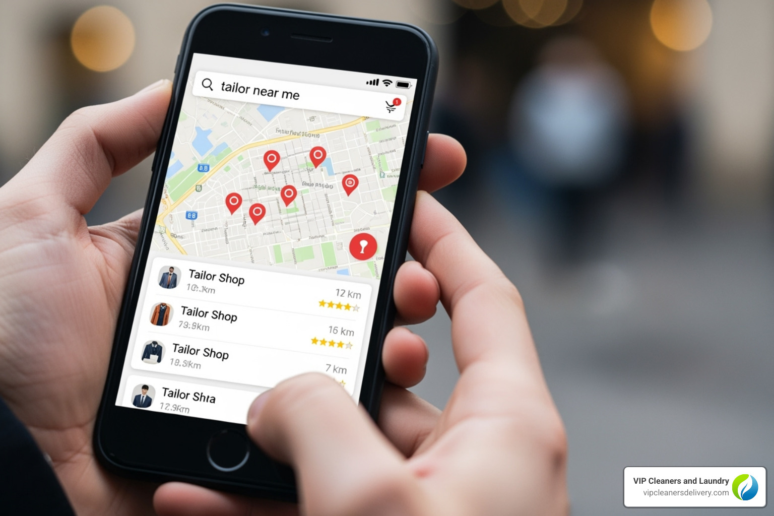 Image of a person searching on their phone for "tailor near me" with a map interface showing local results - clothing alterations near me now Image of a person searching on their phone for "tailor near me" with a map interface showing local results - clothing alterations near me now