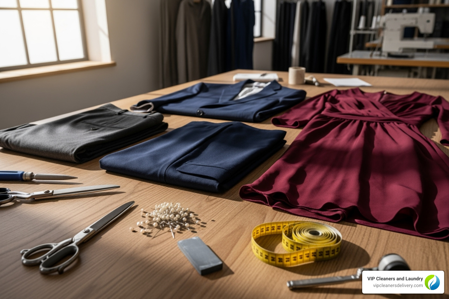 Image of various garments like pants, a suit jacket, and a dress laid out for alteration - clothing alterations near me now Image of various garments like pants, a suit jacket, and a dress laid out for alteration - clothing alterations near me now