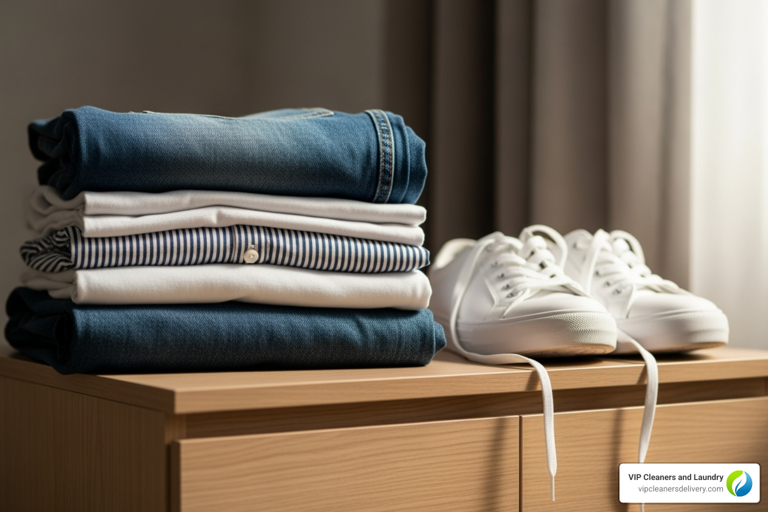 Image of clean clothes folded neatly with the shoes they will be worn with - clothing alterations near me now Image of clean clothes folded neatly with the shoes they will be worn with - clothing alterations near me now