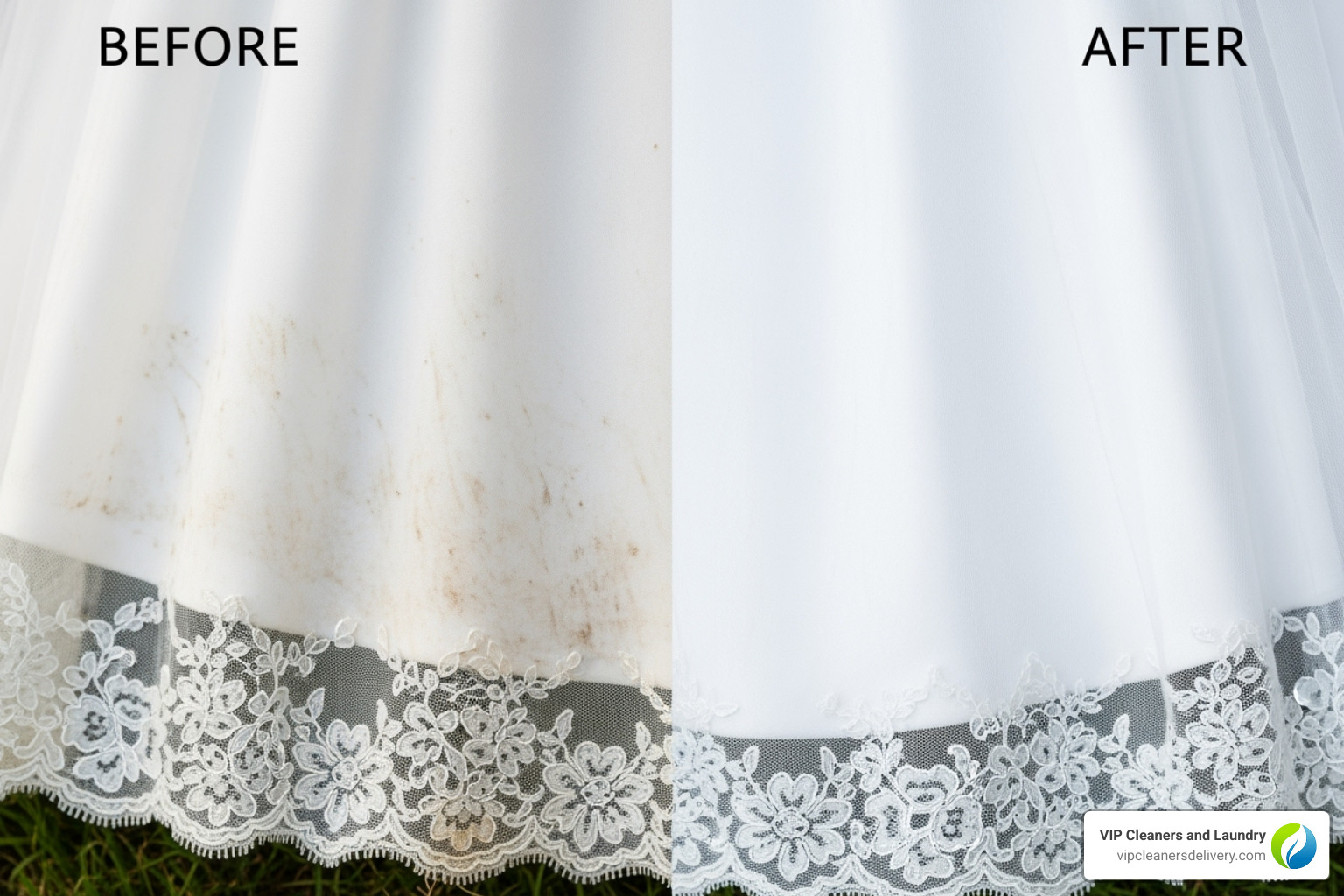 wedding dress hem showing before-and-after cleaning results - average cost to preserve wedding dress
