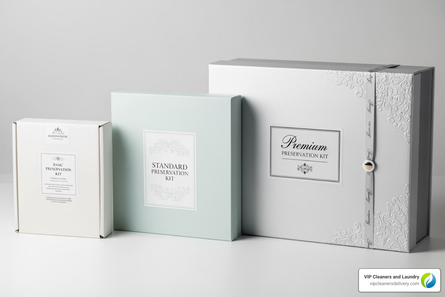 three different preservation kits/boxes representing basic, standard, and premium tiers - average cost to preserve wedding dress