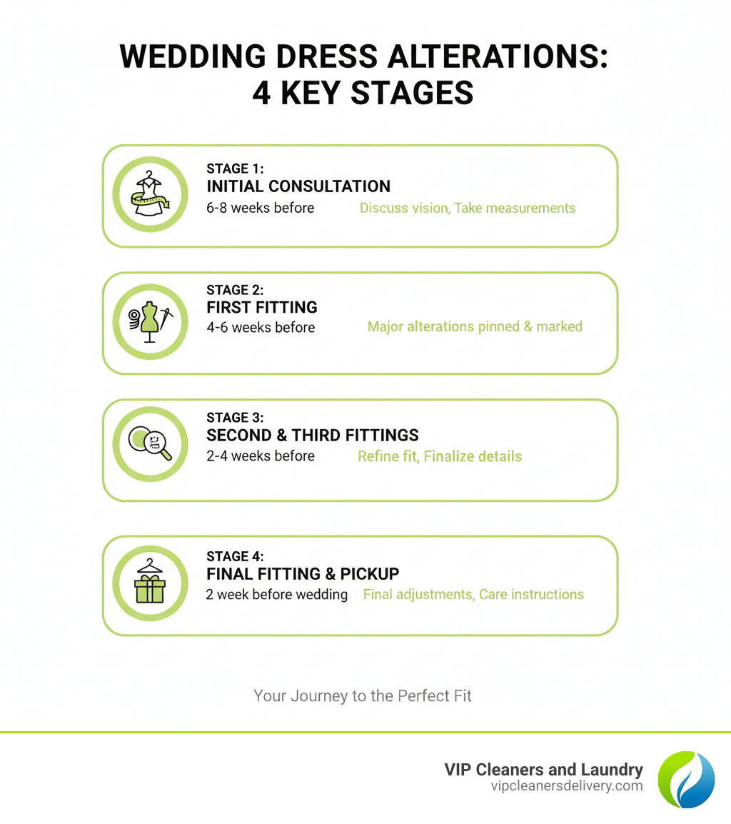 Infographic showing the 4 key stages of wedding dress alterations: Stage 1 - Initial Consultation (6-8 weeks before wedding, discuss vision and take measurements), Stage 2 - First Fitting (4-6 weeks before, major alterations pinned and marked), Stage 3 - Second and Third Fittings (2-4 weeks before, refine fit and finalize details), Stage 4 - Final Fitting and Pickup (1 week before wedding, final adjustments and dress pickup with care instructions) - bridal seamstress near me infographic  Infographic showing the 4 key stages of wedding dress alterations: Stage 1 - Initial Consultation (6-8 weeks before wedding, discuss vision and take measurements), Stage 2 - First Fitting (4-6 weeks before, major alterations pinned and marked), Stage 3 - Second and Third Fittings (2-4 weeks before, refine fit and finalize details), Stage 4 - Final Fitting and Pickup (1 week before wedding, final adjustments and dress pickup with care instructions) - bridal seamstress near me infographic